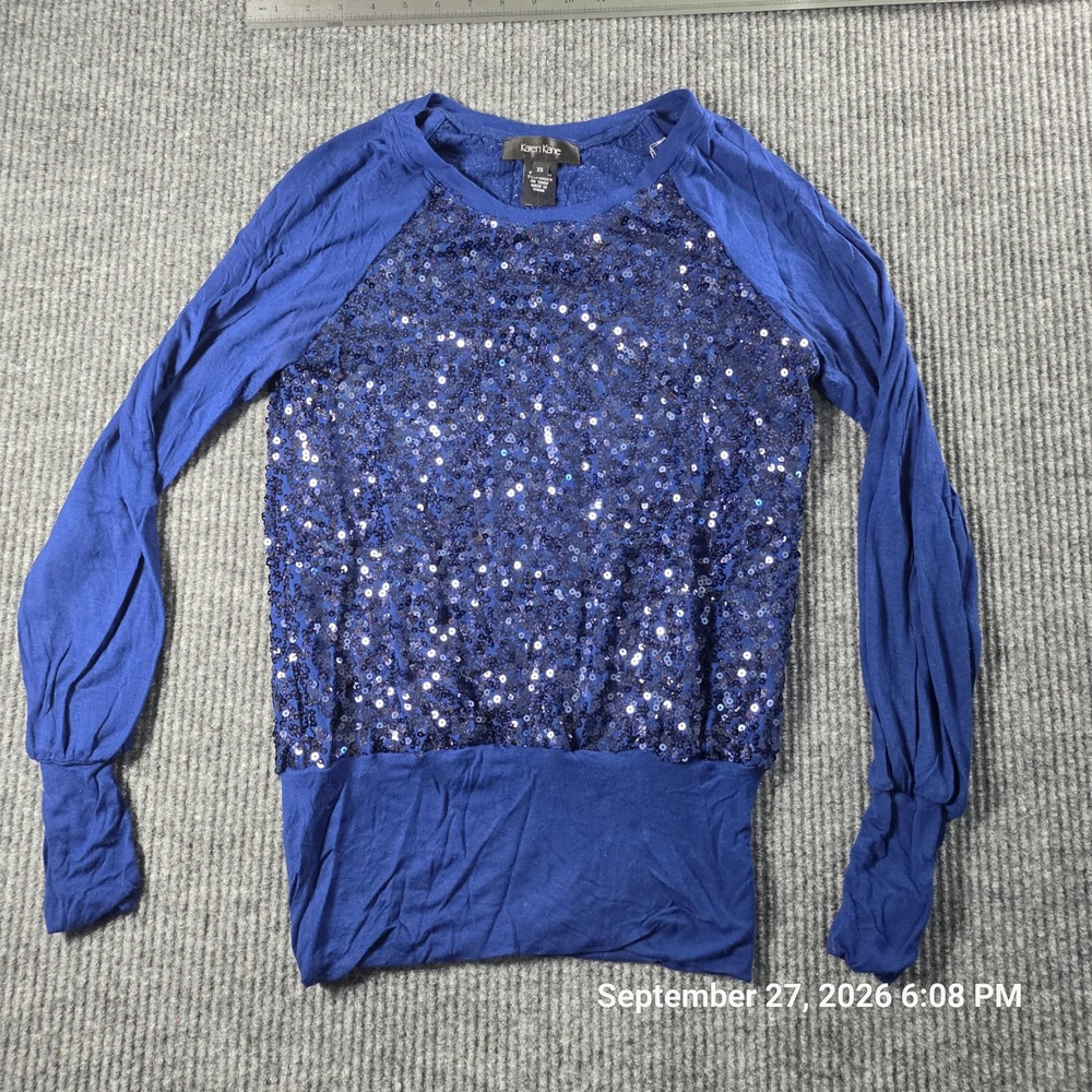Karen Kane Womens XS Blue Sequin Raglan Long Sleeve Blouson Top Blouse
